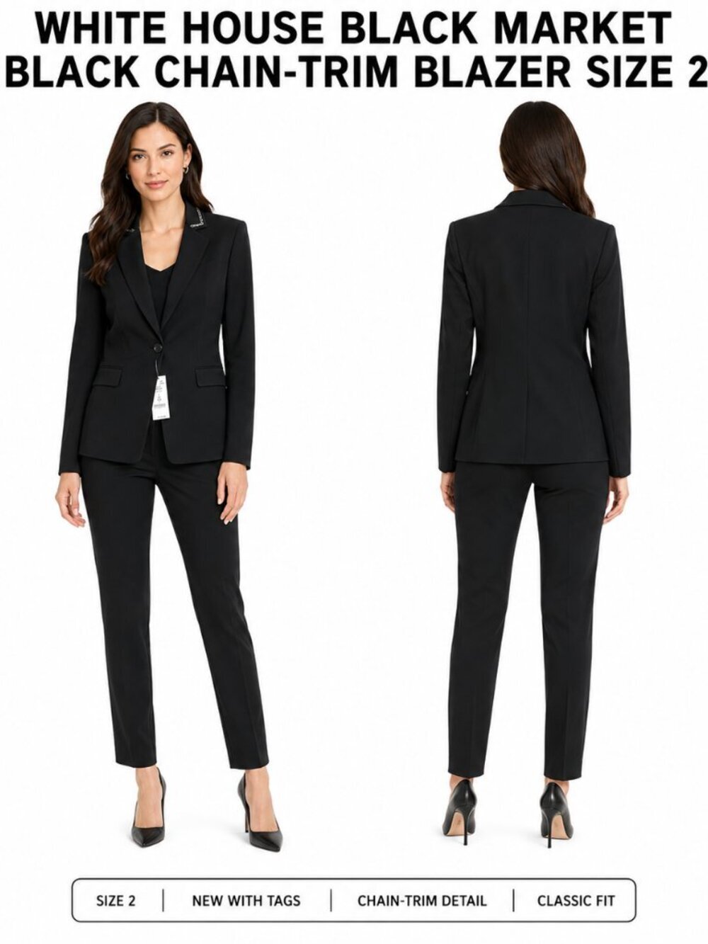 WHITE HOUSE BLACK MARKET BLACK CHAIN-TRIM BLAZER SIZE 2 NWT